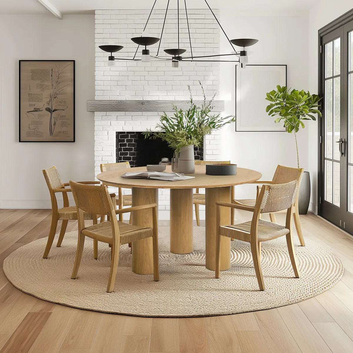 Baguette 52" Modern Oak Wood 3-Leg Round Dining Table