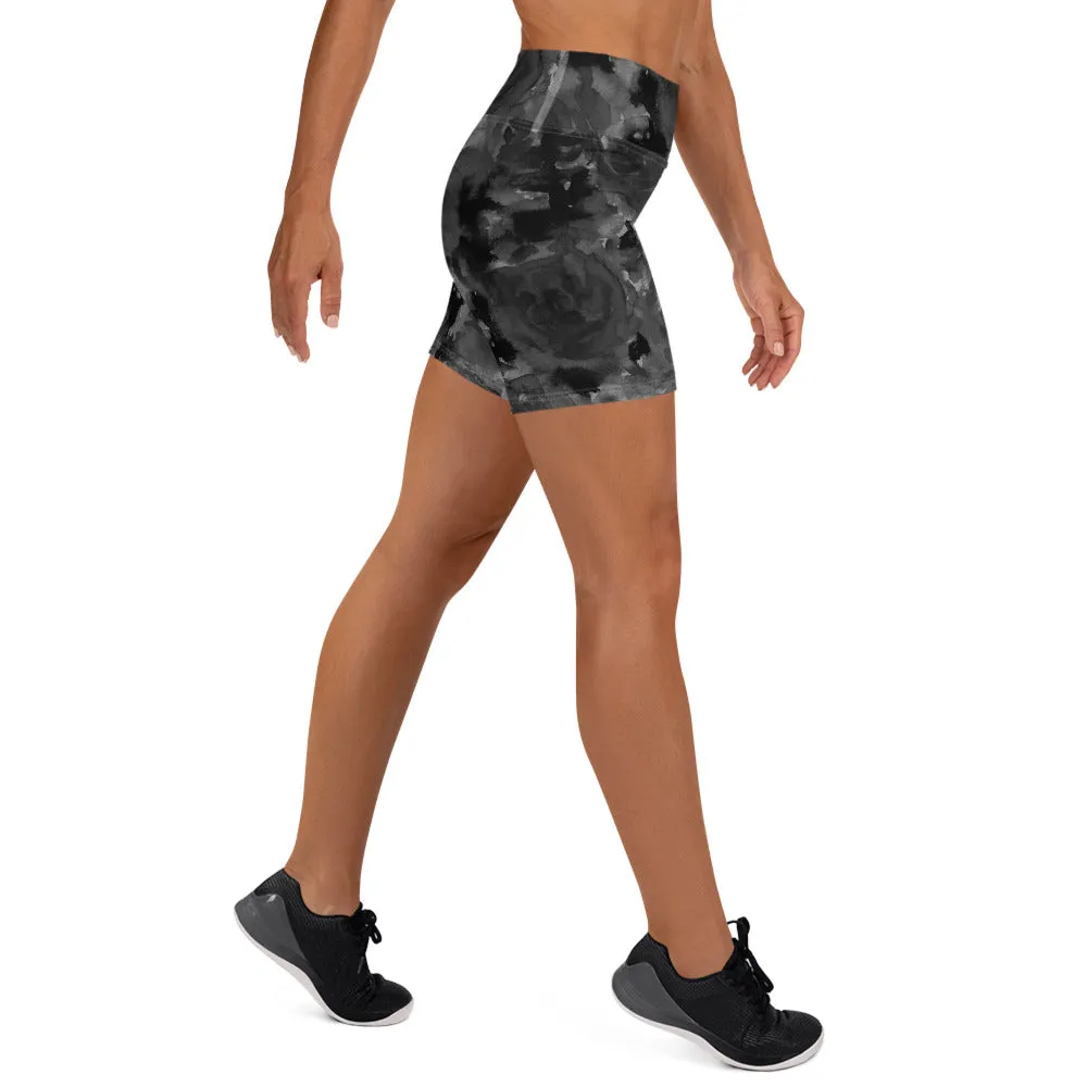 Grey Floral Yoga Shorts, Women's Abstract Print Gym Best Workout Tights-Made in USA/EU